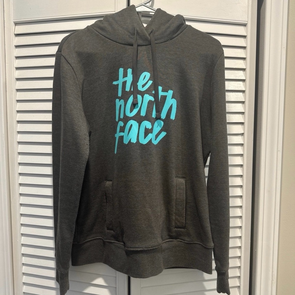The North Face Charcoal Hoodie with Teal Script